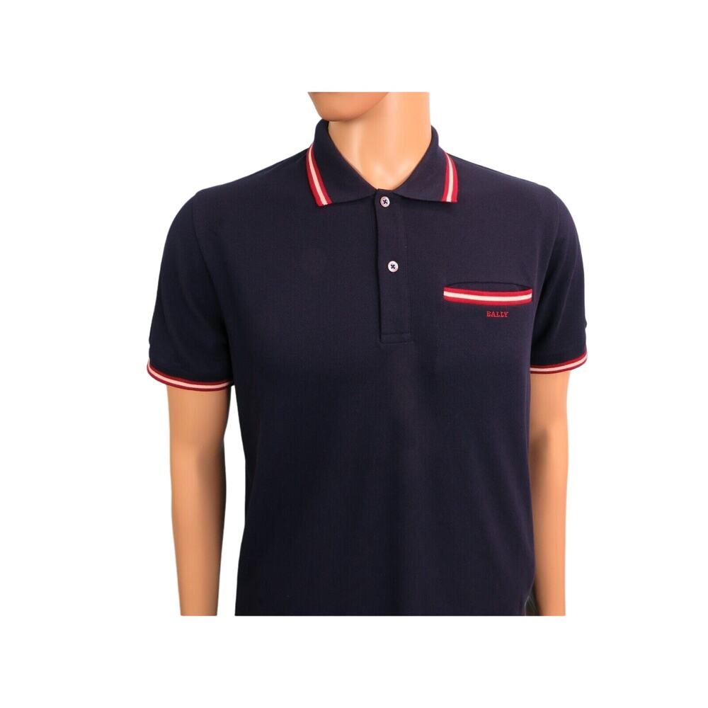 BALLY BLUE COTTON PIQUET WEB COLLAR POCKET BUTTON RED LOGO POLO T SHIRT 56 46